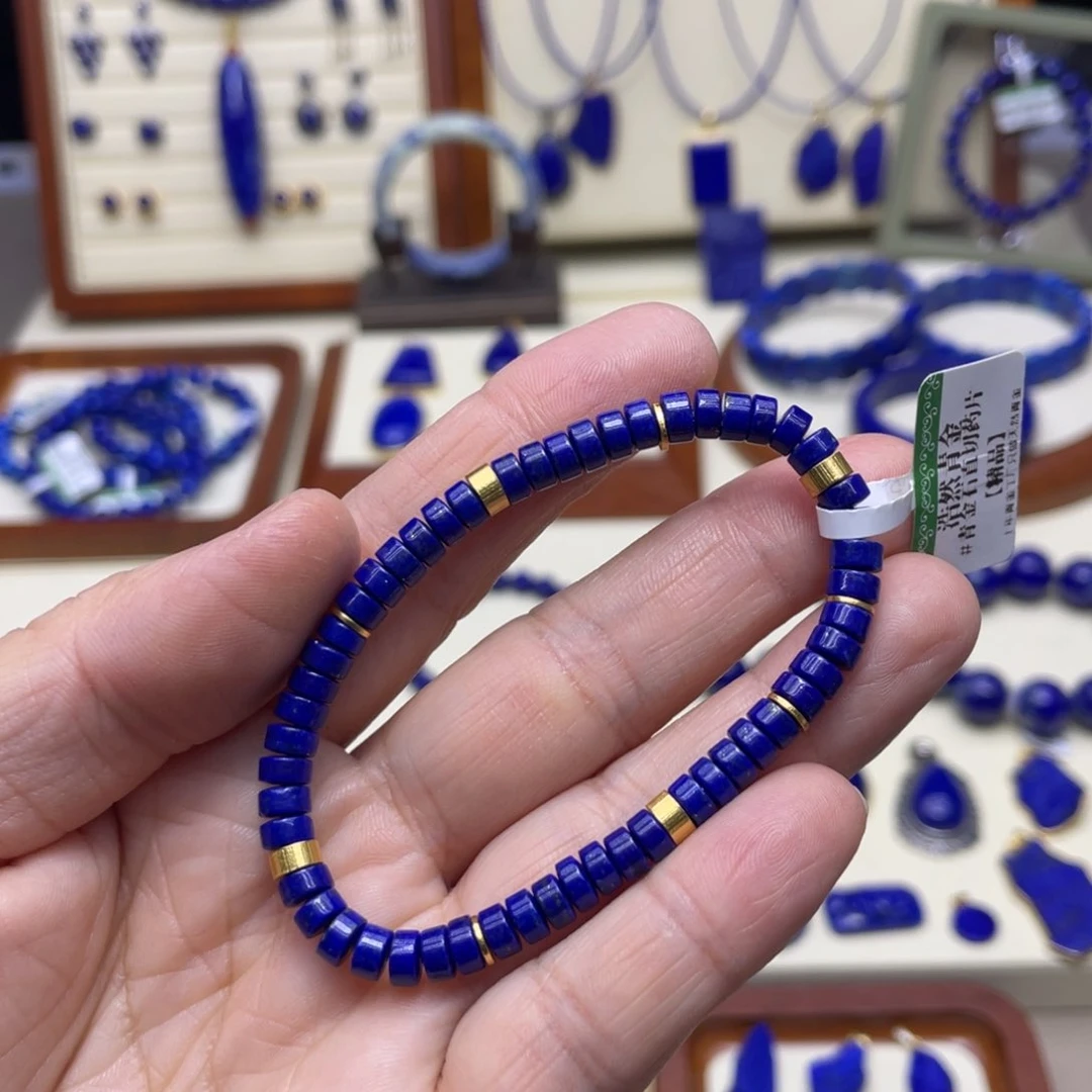 银S925镀金镶嵌青金石6mm直切手链设计