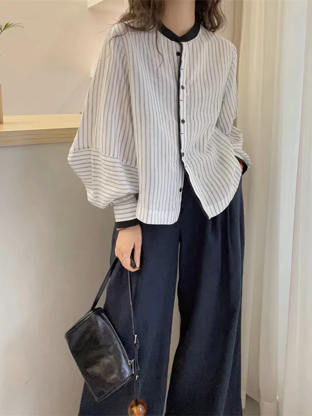 灯笼袖竖条纹休闲衬衫女欧洲站2025早春新款欧货女装设计感上衣潮