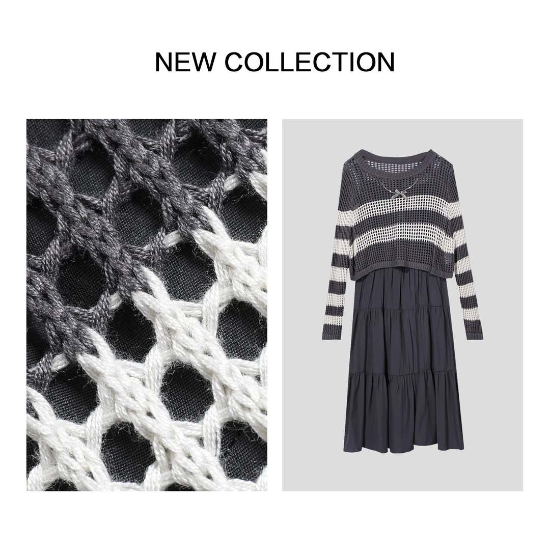 【静秋专属】L1F38136B 春季新款A字连衣裙+圆领线衣两件套 时尚百