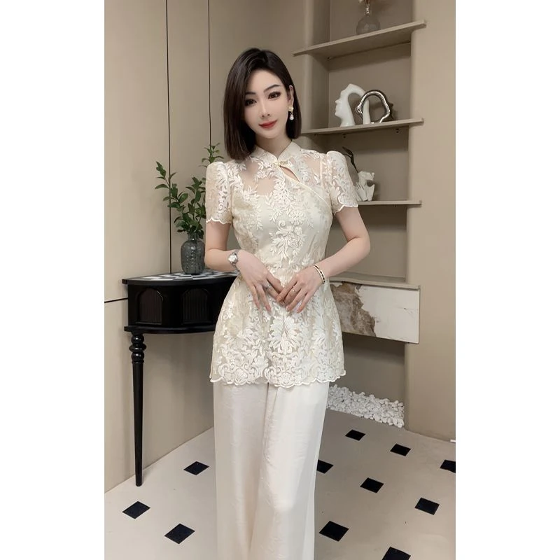 夏季小富婆高贵上档次新中式女装两件套气质时尚显瘦裤子套装复古