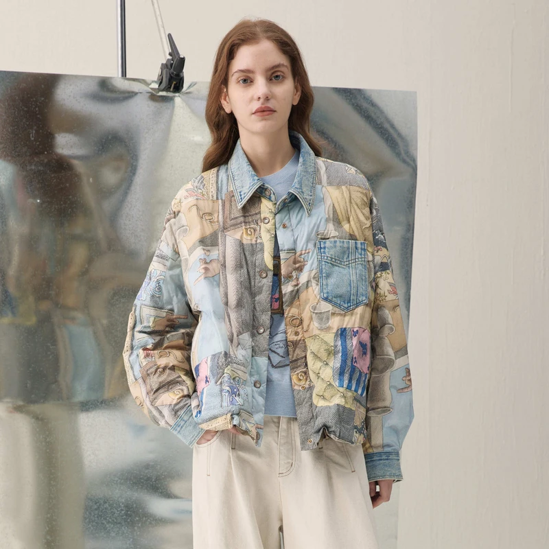 谜底两面穿羽绒服2026年春季新品艺术印花翻领拼牛仔女261MY0010