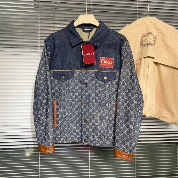 未使用 GUCCI/古驰 皮革拼接 双G提花满印logo 牛仔夹克 外套