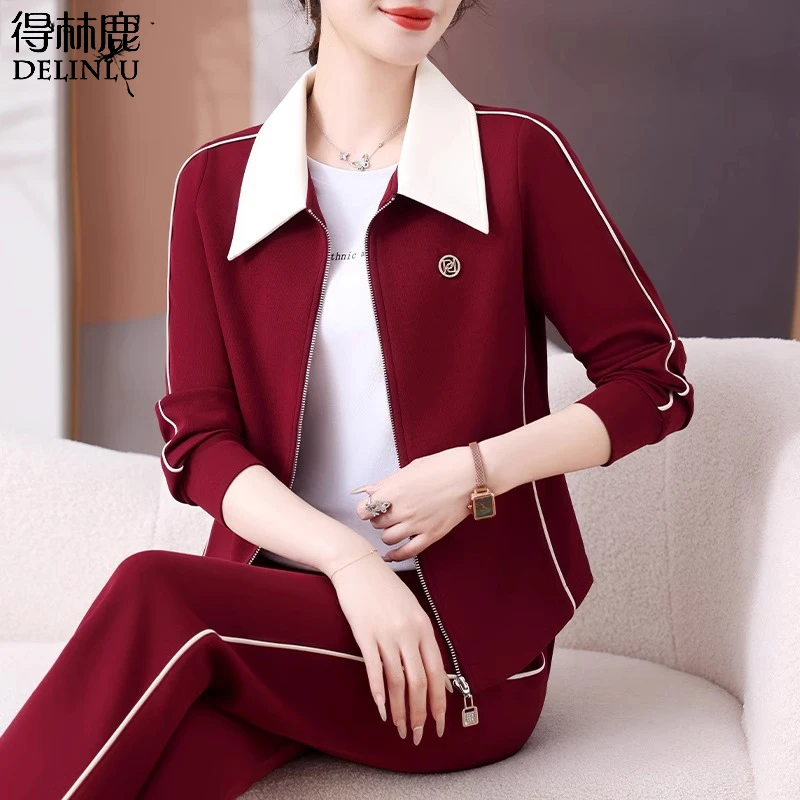 中年妈妈春装翻领外套洋气新年衣服中老年运动套装春秋时尚两件套