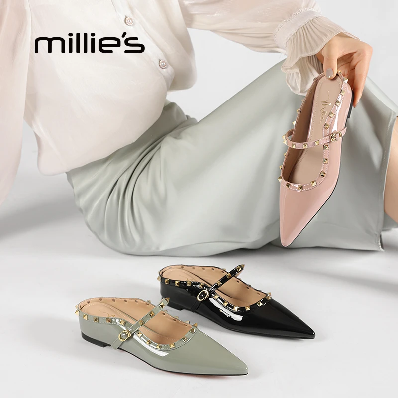 MILLIE S/妙丽包头铆钉中跟千金风漆皮轻职风包头拖法式休闲凉鞋