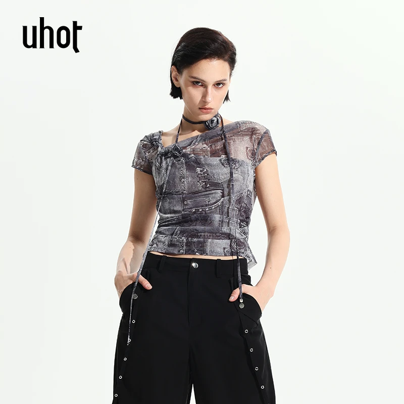 UHOT黑灰色原创玫瑰牛仔印花复古抽褶印花上衣配：装饰带UWWR4N278