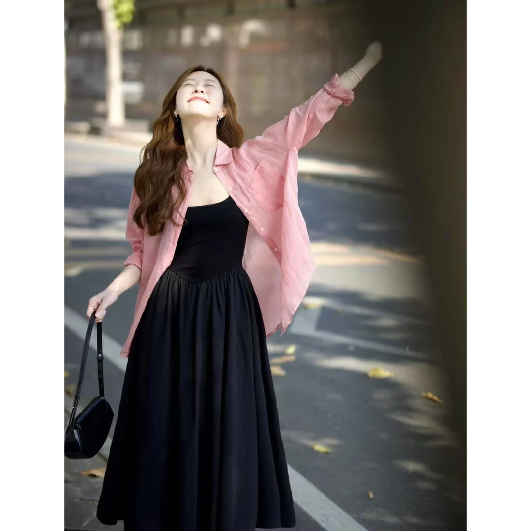 时髦孕妇装新款气质短款时尚休闲百搭夏季薄款粉色长袖衬衫连衣裙