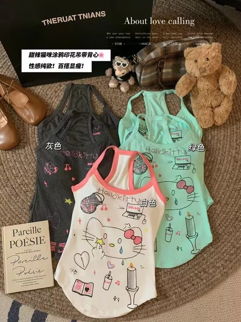 美式高街复古辣妹挂脖吊带背心女夏季涂鸦卡通印花打底外穿