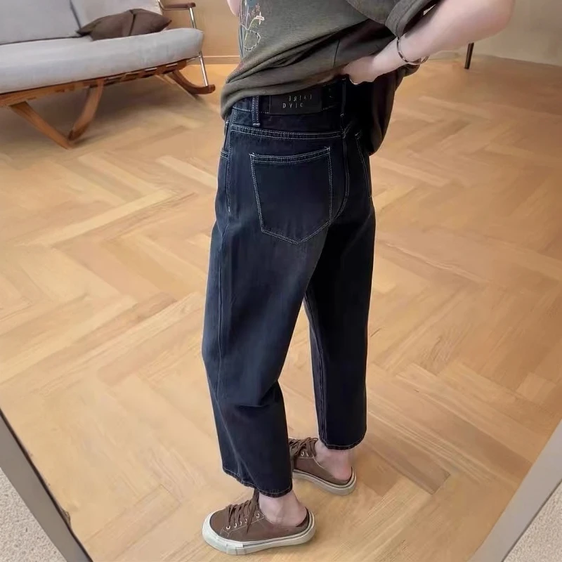 黑灰色无弹直筒牛仔裤女秋季新款大码胖mm高腰宽松显瘦九分法棍裤