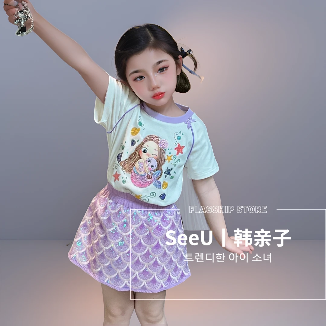 度假海边旅游夏季夏款美人鱼短袖T恤套装亮片女孩童装新裙子爆款