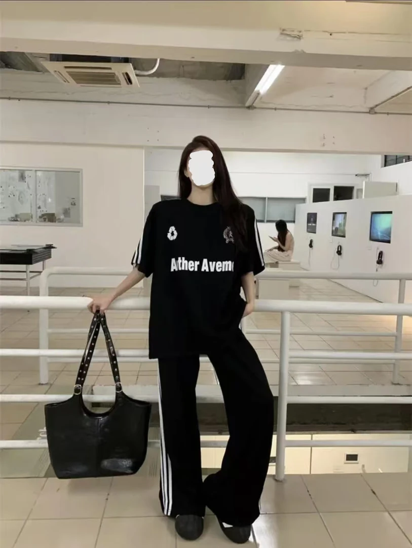 公主美式复古休闲运动套装女胖MM字母印花t恤阔腿长裤两件套99220