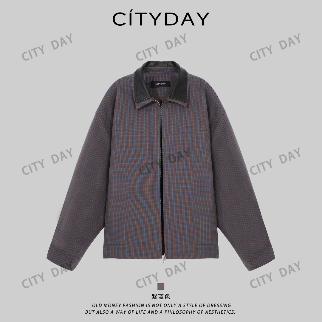 CityDay【楠哥】摩登紫罗兰100棉拼山羊皮双层领格纹夹克外套 55010