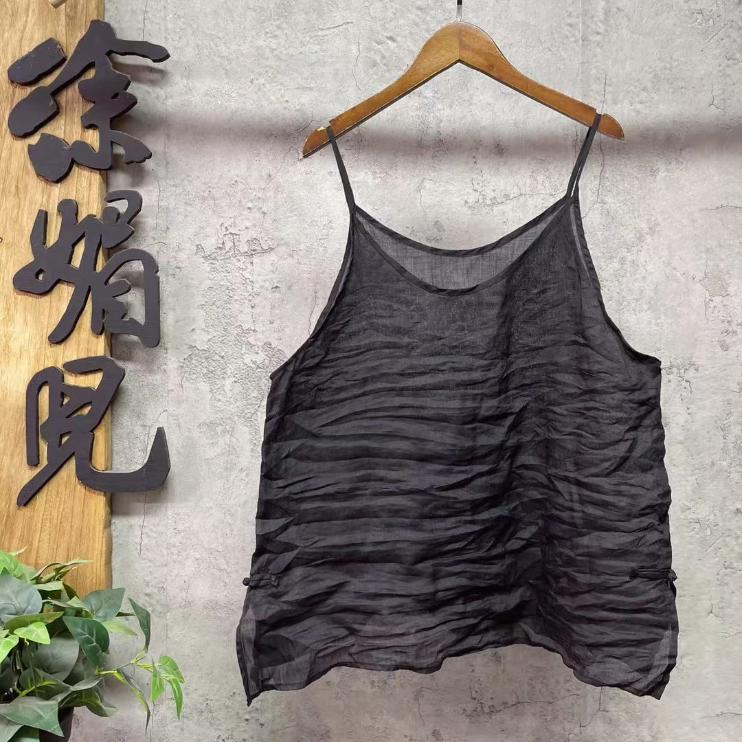 媚儿~夏季新款苎麻纯色宽松盘扣百搭吊带（衣长65 胸围104）