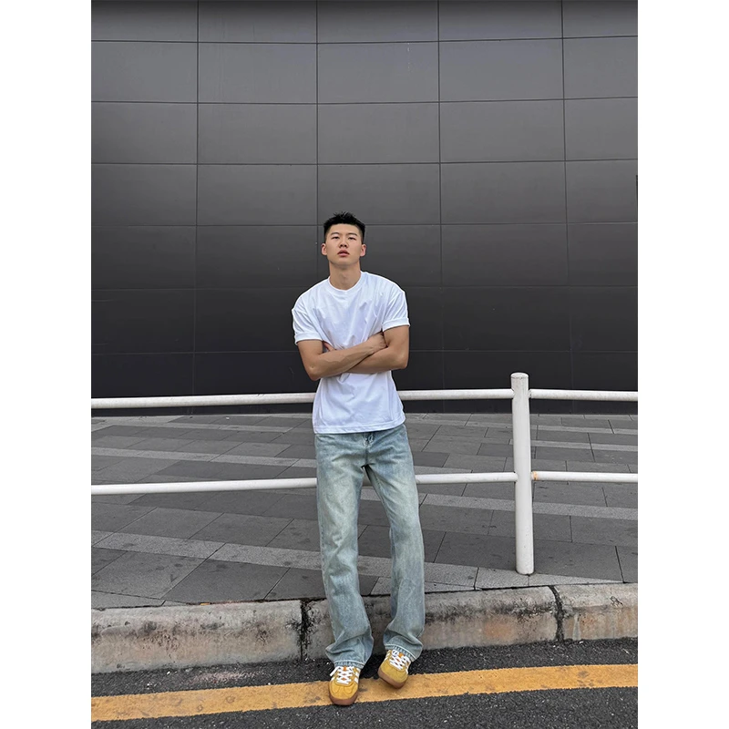 白色收袖口弹力t恤男款夏季潮牌运动速干短袖跑步健身显肌肉半袖