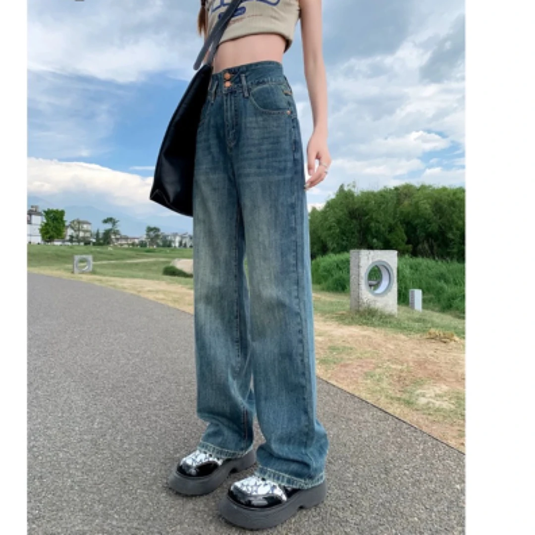 韩版时尚复古高腰阔腿牛仔裤女宽松显瘦拖地直筒垂感春秋休闲裤