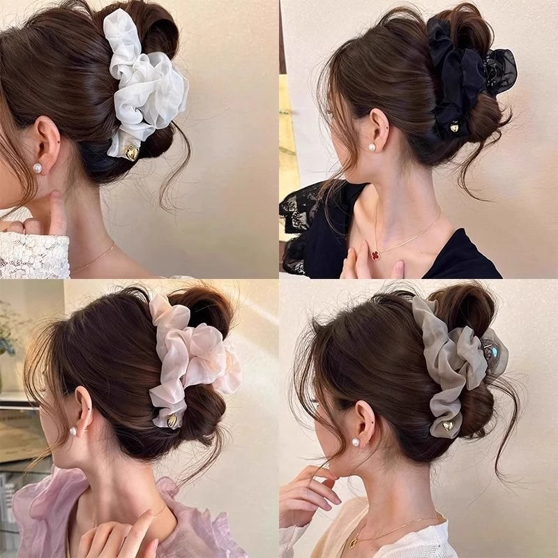 温柔气质褶皱网纱大号抓夹鲨鱼夹高级感发夹女2025新款后脑勺发饰