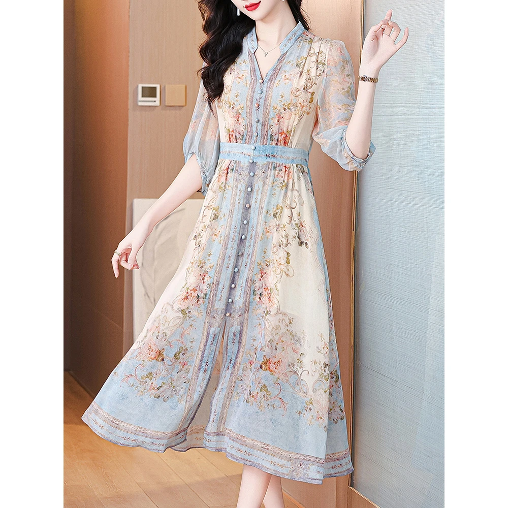 轻奢时尚气质百搭显瘦2025新款初夏中袖碎花连衣裙女