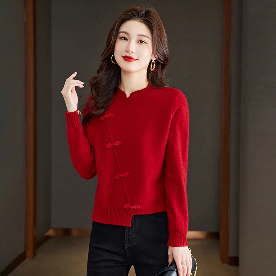 品牌时尚女装圆领新中式气质毛针织衫不规则厚款设计感毛衣精致