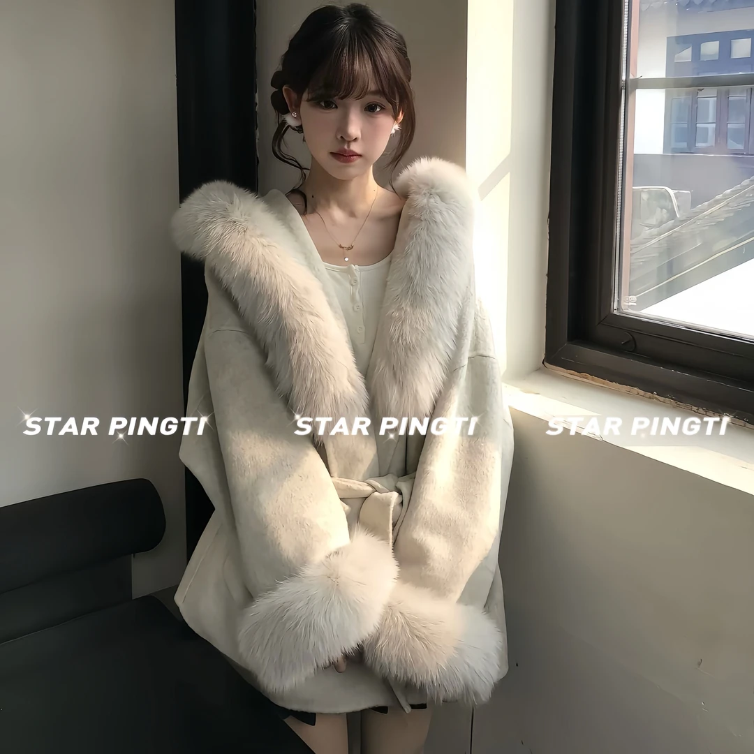 毛呢大衣女秋冬轻奢高端千金名媛气质系带收腰毛毛领连帽斗篷外套