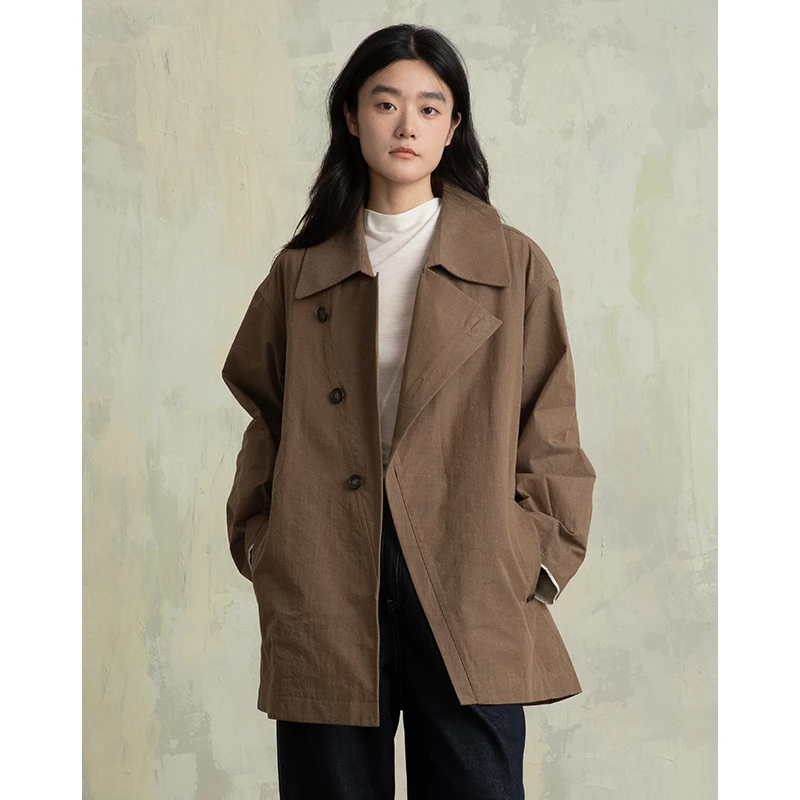 ziilam枝蓝 斜襟翻领风衣外套女棕色显瘦设计感秋冬美拉德高级感