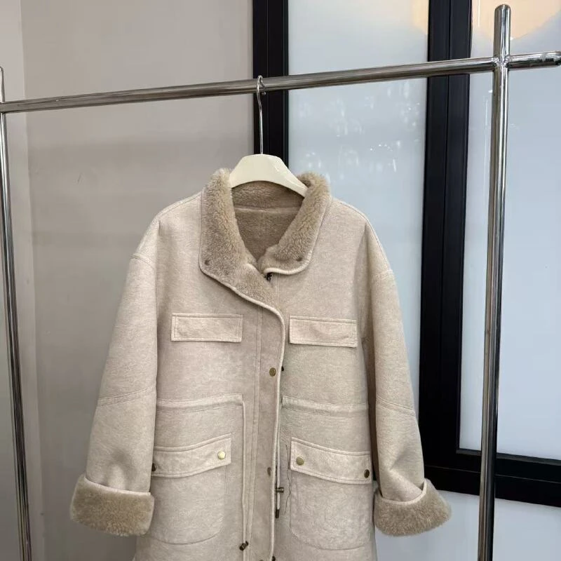 『雨美 Show』6910卡其色中长款毛毛外套