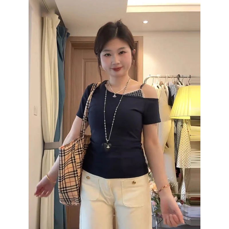 大码纯欲风辣妹露肩短袖t恤女夏季微胖mm显瘦修身基础款百搭上衣