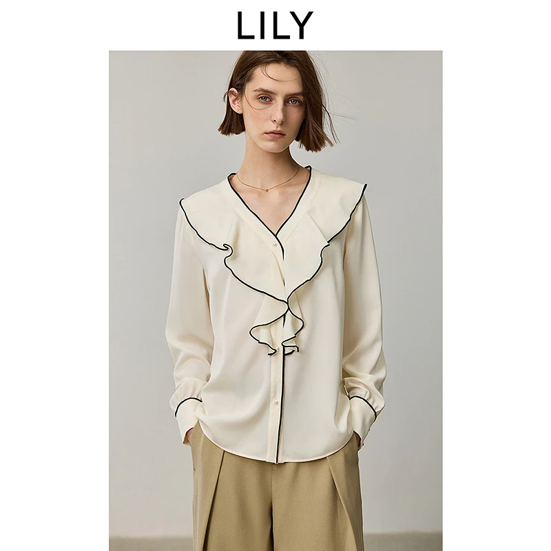 LILY秋季新款法式优雅撞色荷叶领通勤OL女装衬衫124339C4943