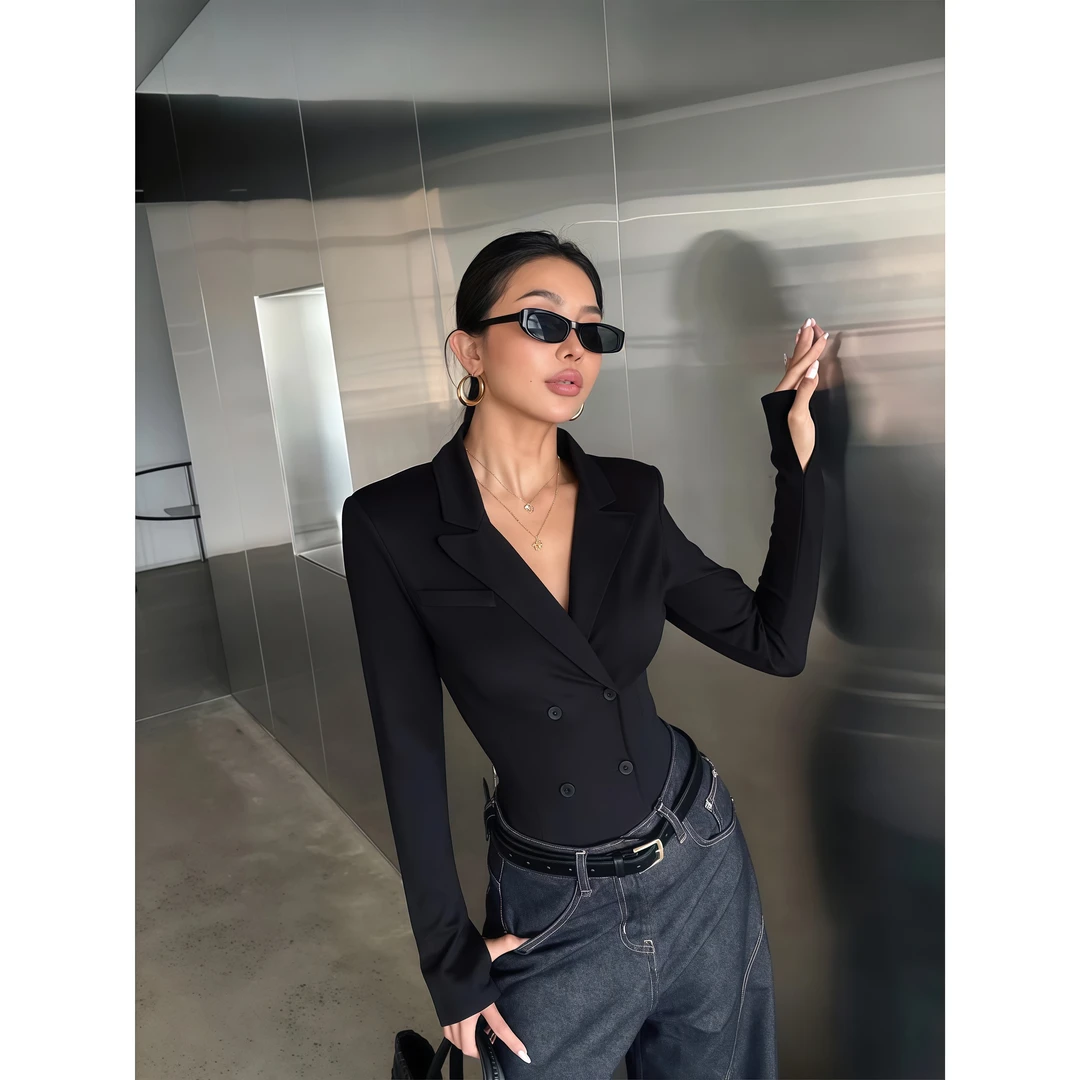 性感纯欲风双排扣时尚V领西装连体衣女秋季新款修身显瘦气质上衣