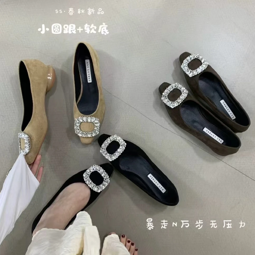 水钻圆头胶粘春季一脚蹬韩版单鞋女鞋低跟欧若假日风