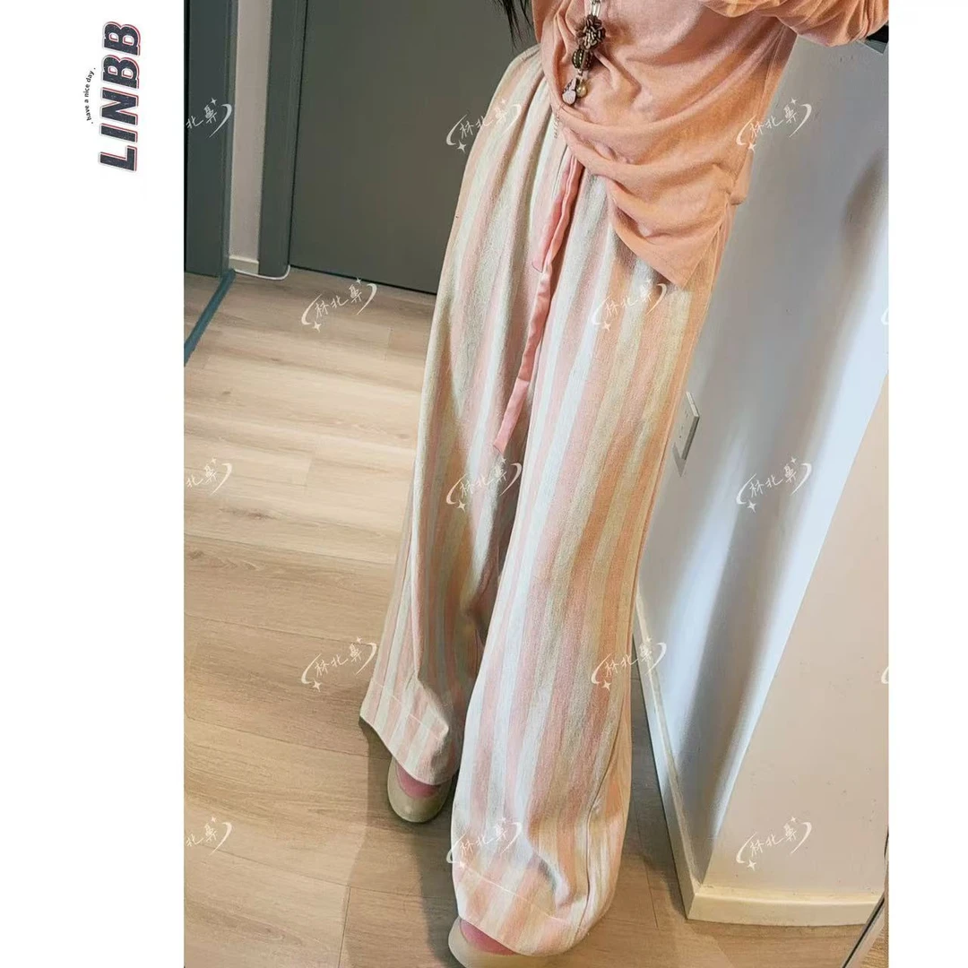 林北鼻-【日记裤】韩单夏日亚麻条纹撞色奶糯高腰阔腿休闲裤