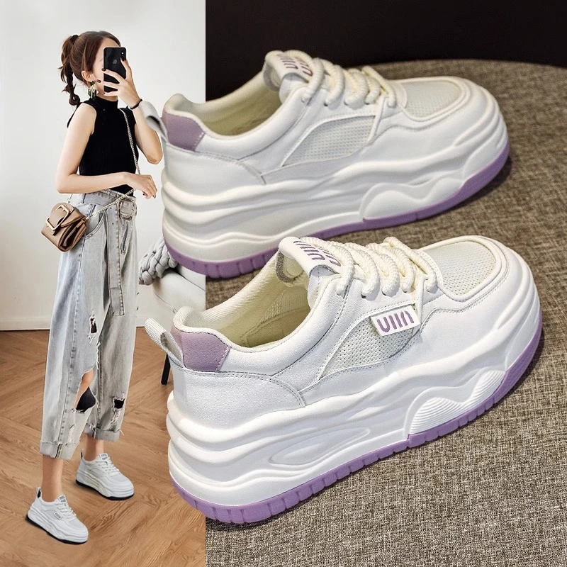 【皮面网面】底板鞋新款2025年透气网面百搭休闲运动内增高小白鞋女