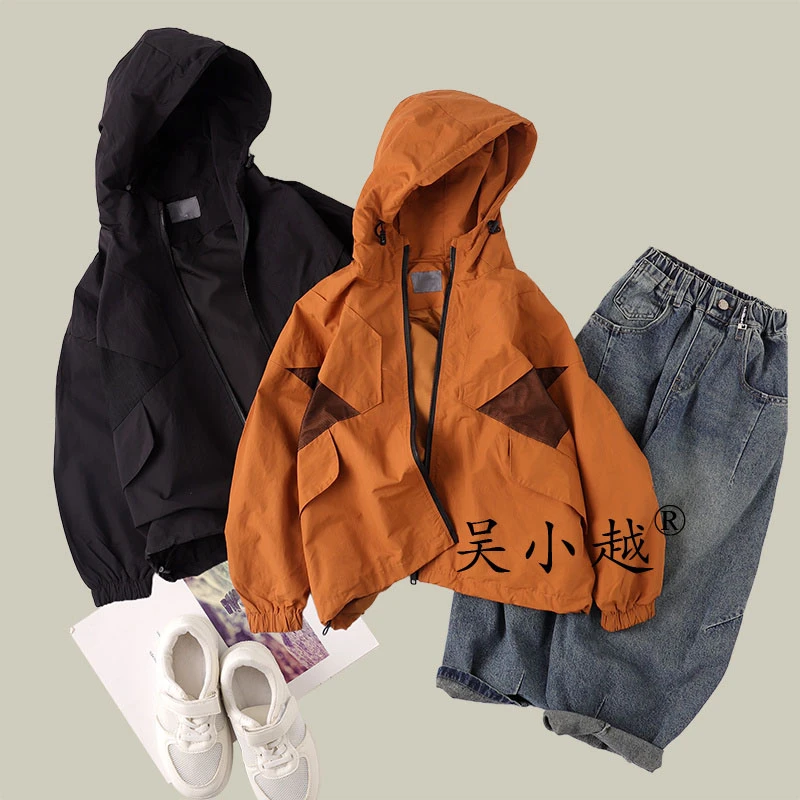 吴小越w1416男童连帽外套户外冲锋衣2025春新款中长款设计师款风