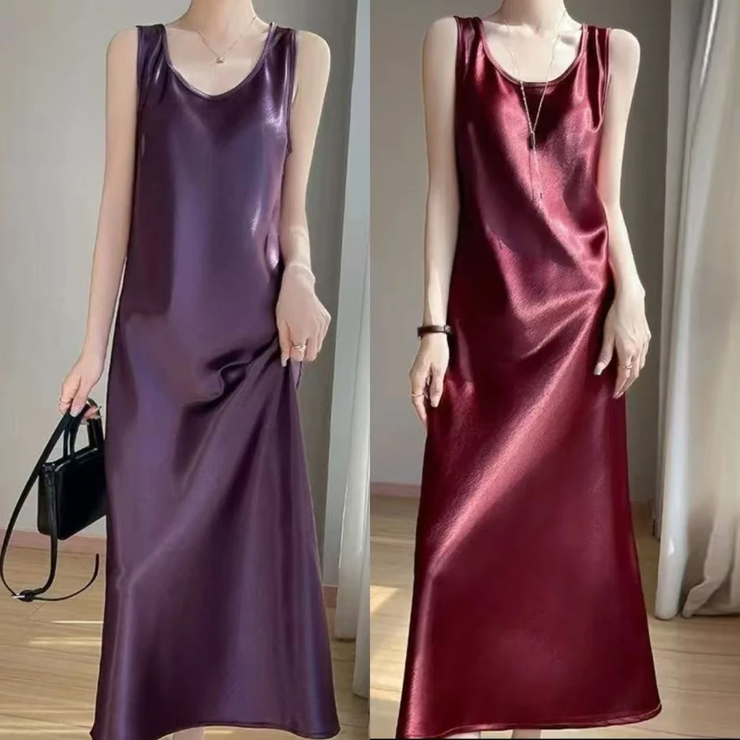【吉遇优选】587-88#新款重磅桑丝缎无袖长款连衣裙