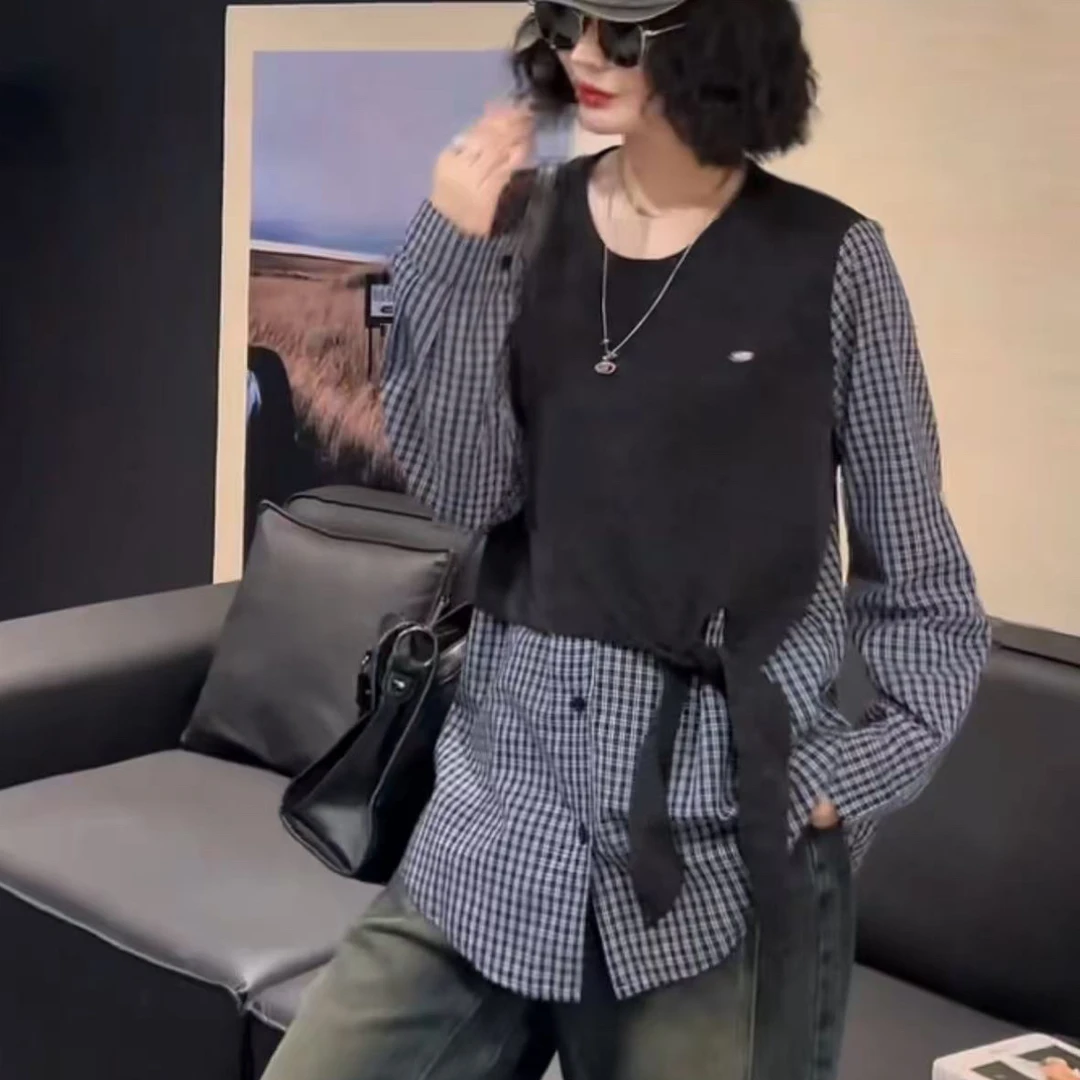 2859【胖小肉推荐】新款格子假两件