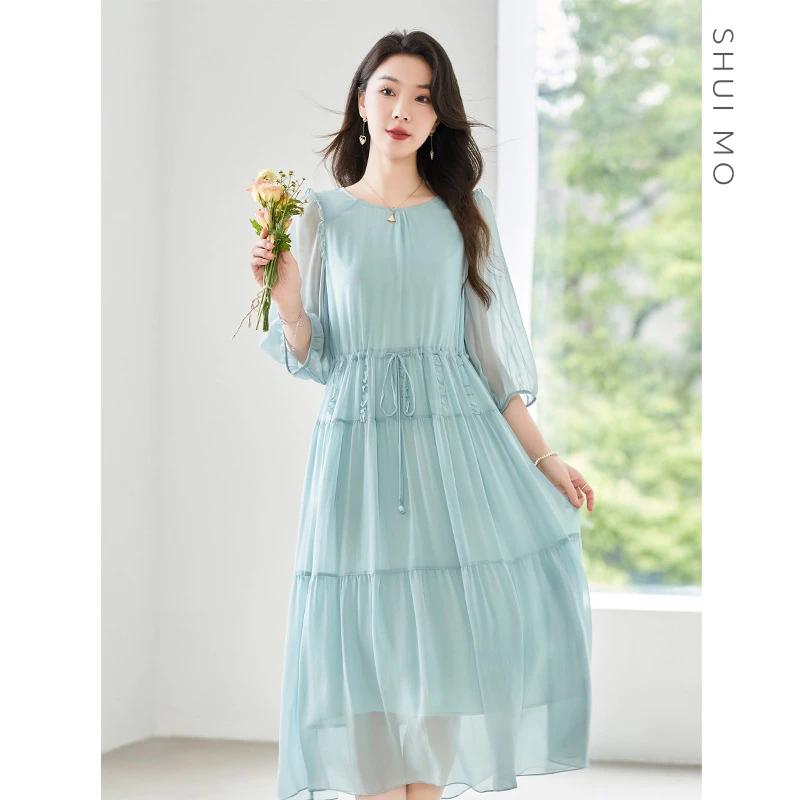 [水墨]轻奢高档女装真丝连衣裙女100桑蚕丝显瘦大码