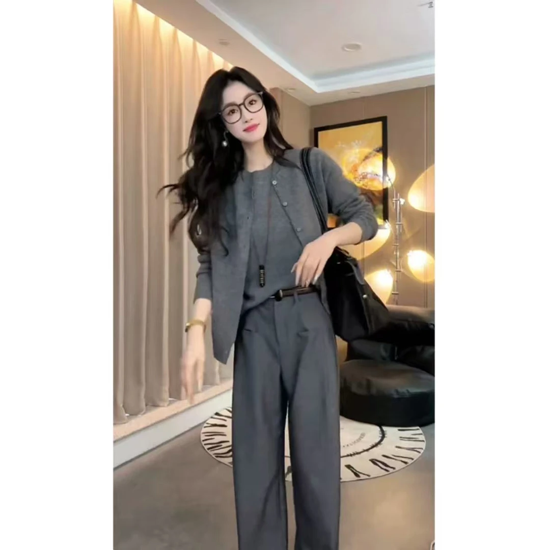 慵懒休闲风显瘦套装女无袖背心毛衣开衫阔腿裤三件套秋季新款女装