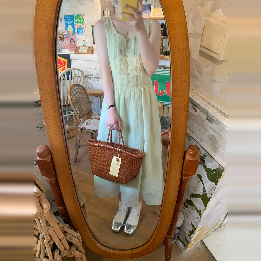 法式绝美绿色无袖背心连衣裙子女2025夏季新款独特漂亮掐腰裙4264