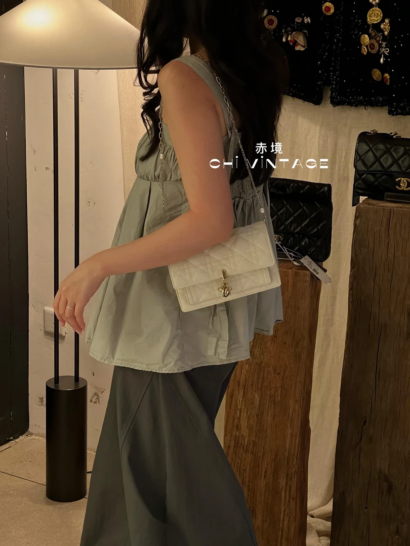 99新 DIOR/迪奥 1325 白金daily珍珠链条手拿单肩包22