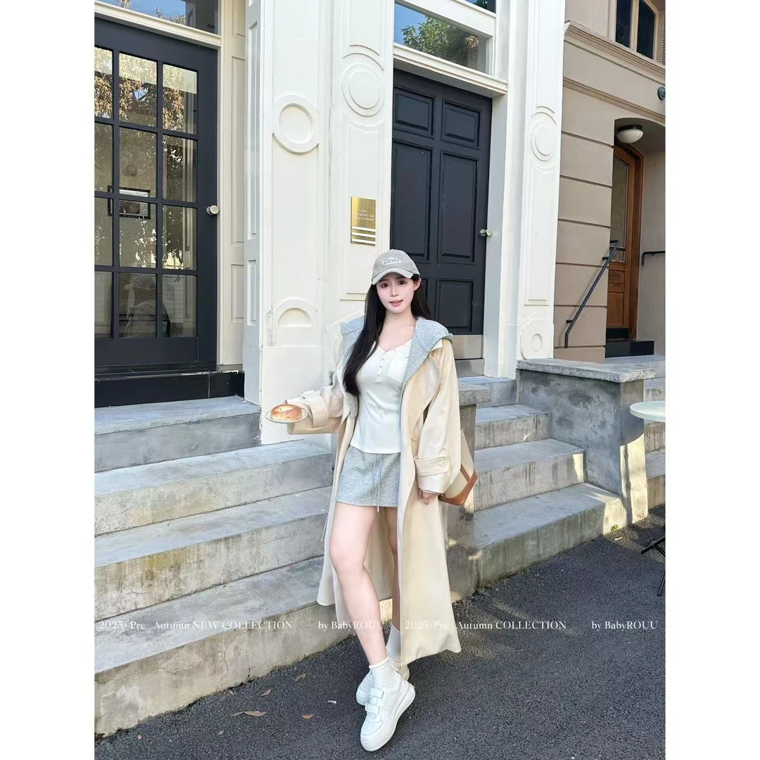 【留学生】温与柔韩氧气质百搭小众设计感假两件带帽长款风衣