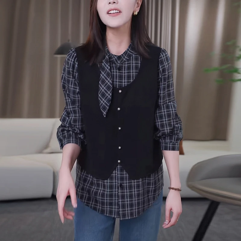 2025秋季新款女黑色假两件衬衫格子款复古减龄显瘦洋气设计感上衣