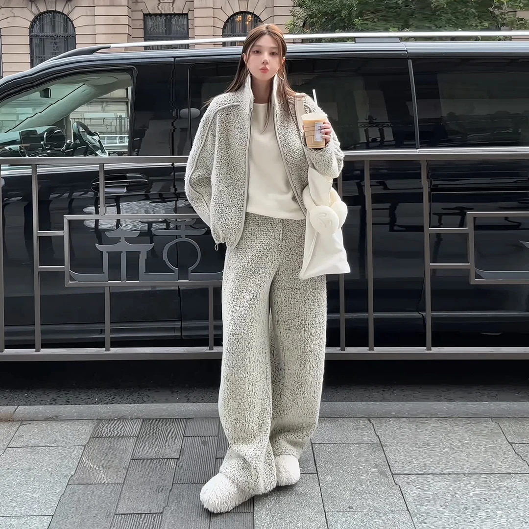 巨好看灰色休闲运动套装女秋冬时尚加厚保暖毛呢外套阔腿裤两件套