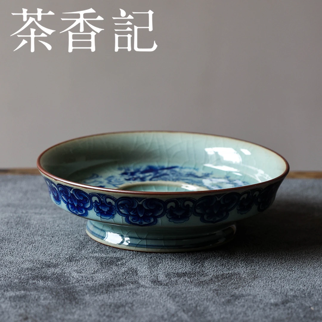 茶香记 青花老陶泥喜上眉梢-壶承干泡盘果盘点心盘置物盘茶道零配