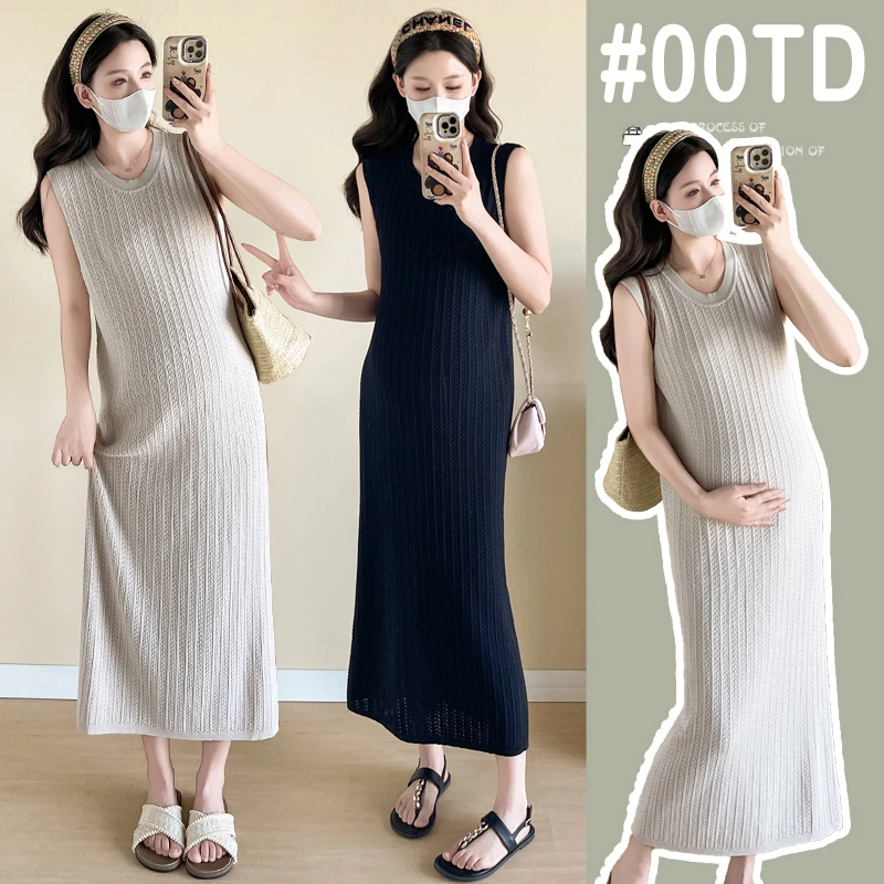 亚麻针织连衣裙女夏季新款气质露背无袖镂空连衣裙孕妇宽松背心裙