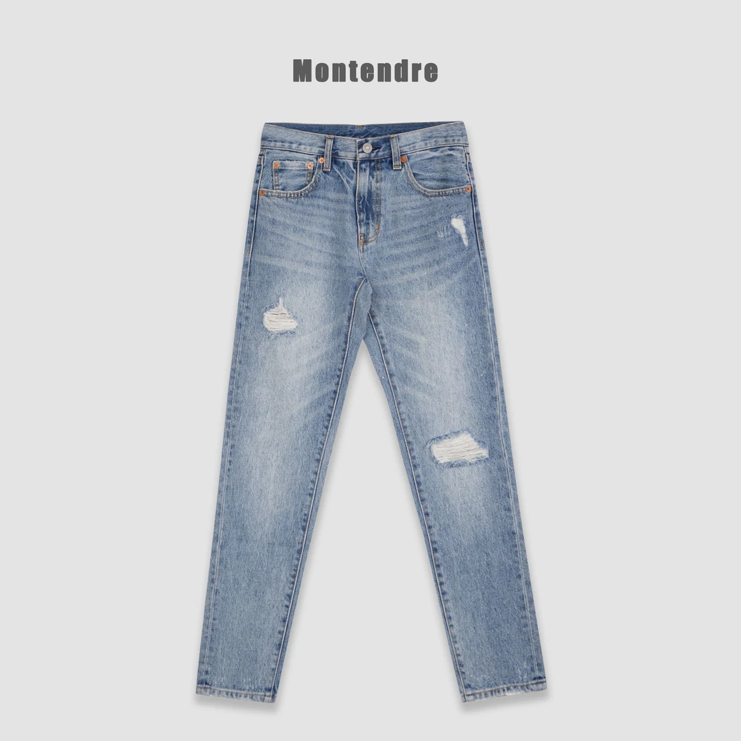 【强哥外贸】 秋季新款 M 时尚破洞设计百搭直筒高腰牛仔裤