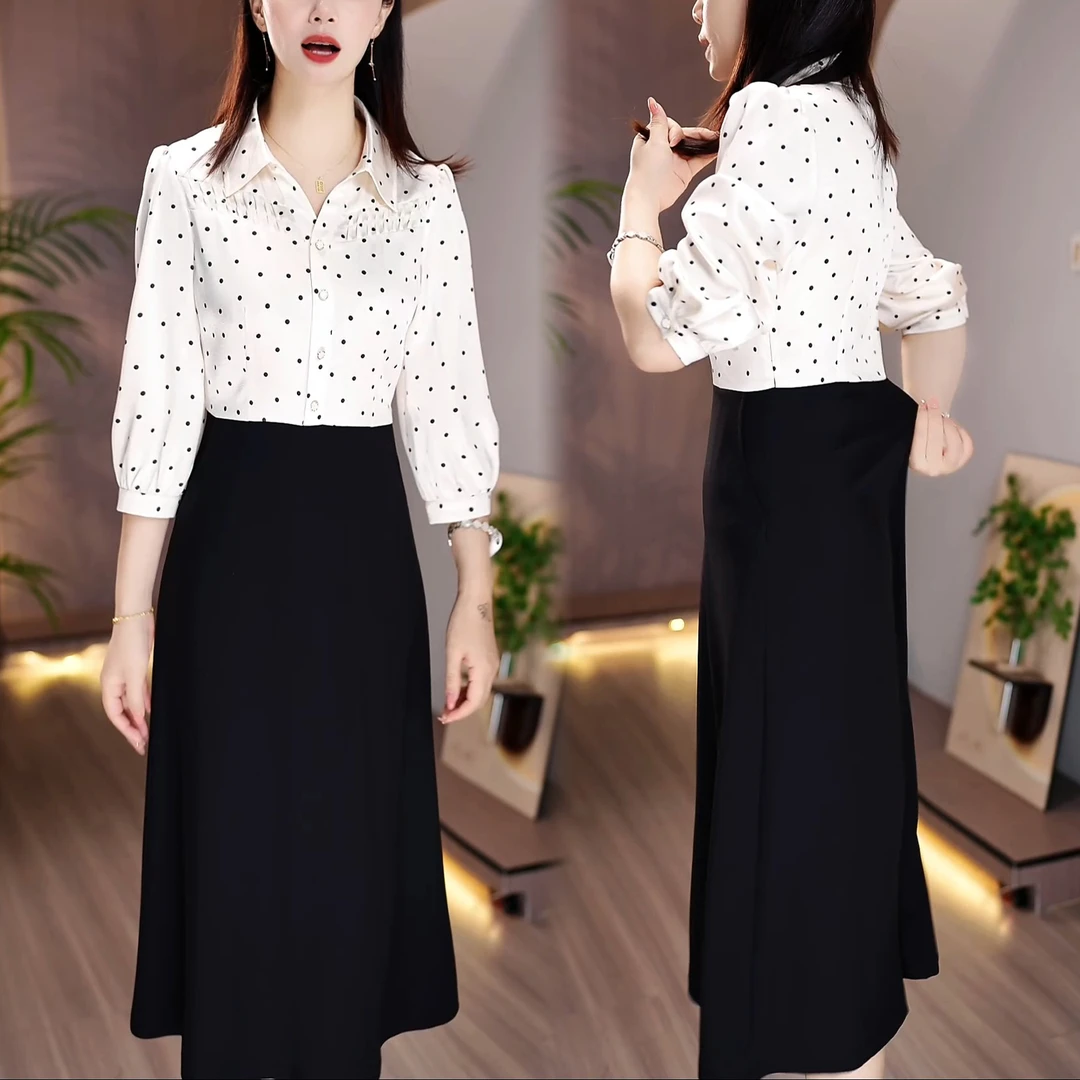 POLO领气质优雅高腰显瘦裙2025秋季新款波点七分袖假两件连衣裙女