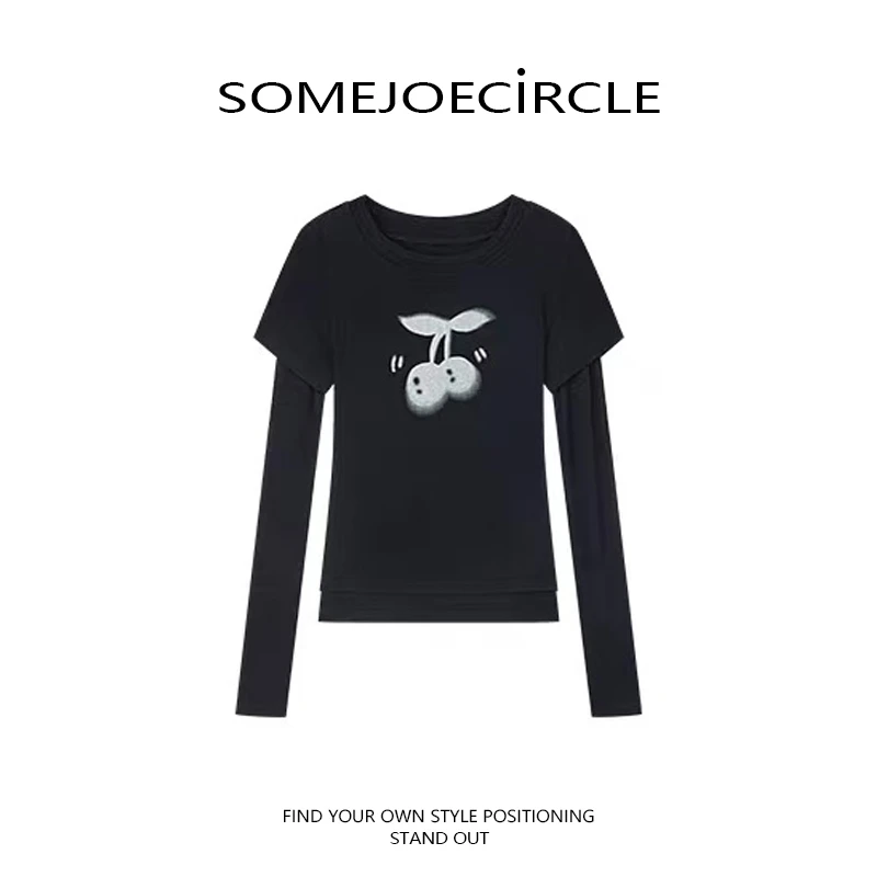 SOMEJOECIRCLE【樱桃】25新款动感樱桃绵羊毛假两件T恤上衣女Z7484