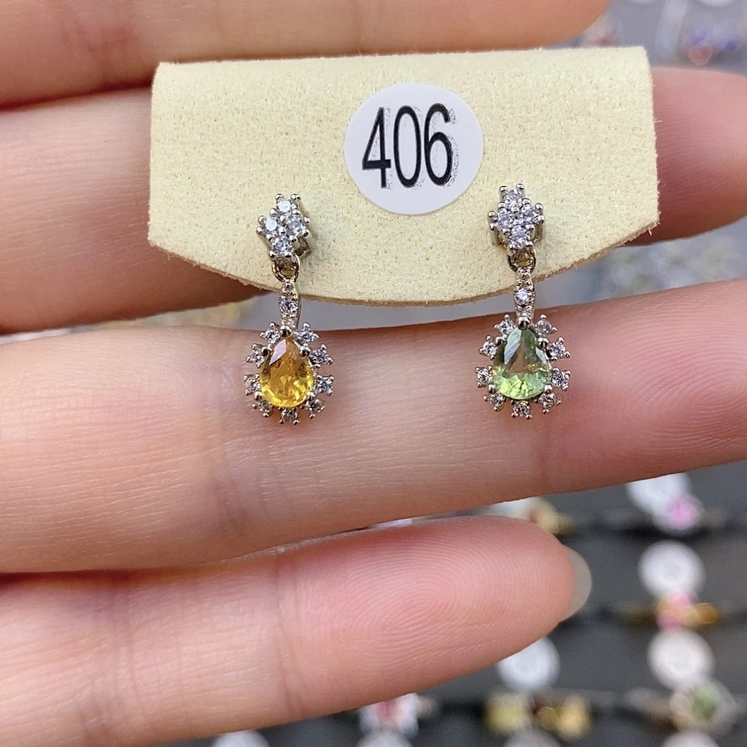 彩色蓝宝石耳饰银S925镶嵌