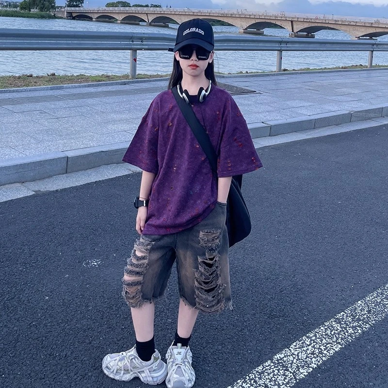 女童夏季短袖破洞牛仔短裤2025新款儿童洋气时髦中大童女孩中裤潮
