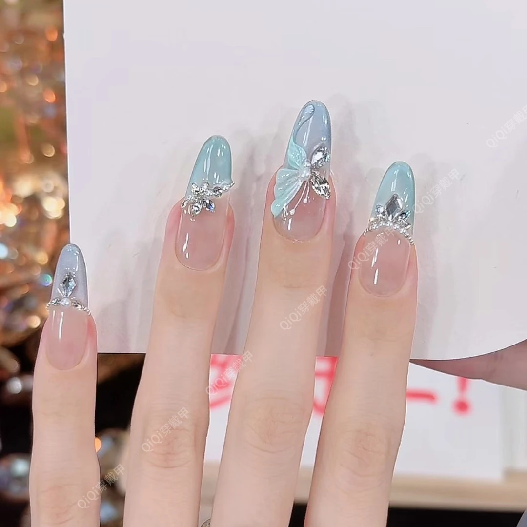 【比翼蝶梦】纯手工法式蓝色猫眼美甲贴片显白高级感穿戴甲