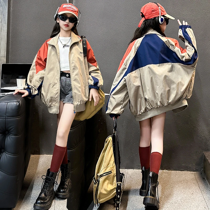 儿童拼色炸街棒球服外套春秋2025新款女童中大童机车服酷帅衣服潮