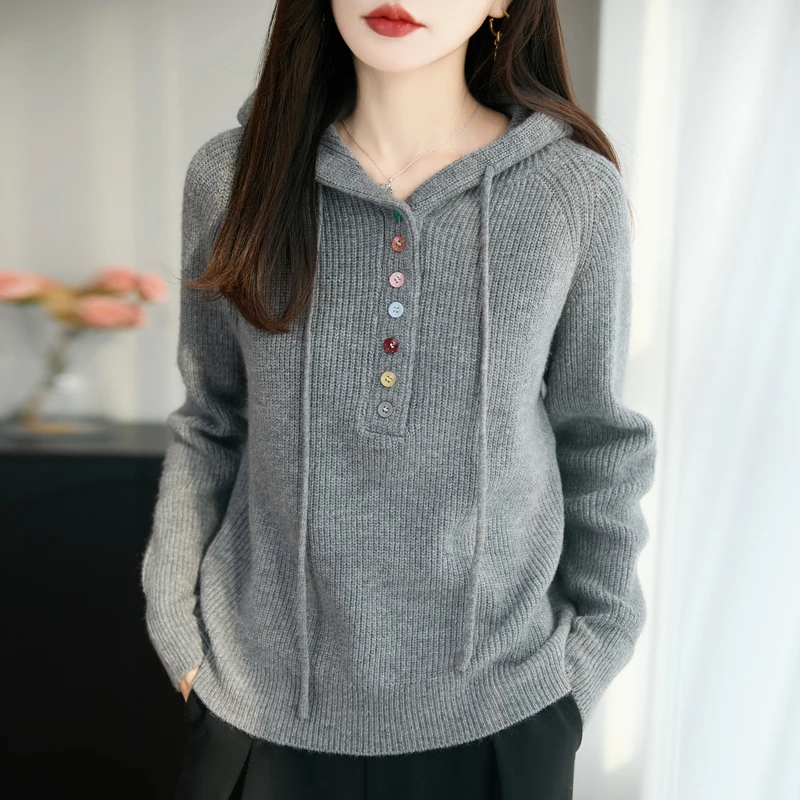 哥弟阿玛施官方秋季新款连帽纯色半开彩扣针织衫时尚百搭长袖上衣